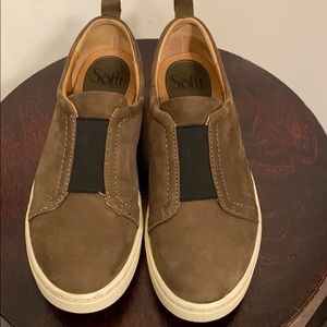 Sofft brand olive green slip on sneakers.